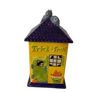 Debbie Mumm Halloween Yellow Ceramic Cookie Jar Trick Or Treat Cat Bat Top